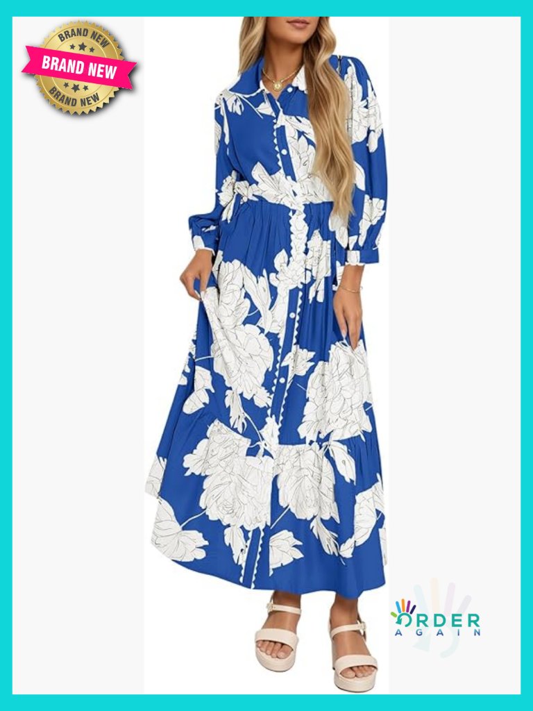 Floral Maxi Shirt Dress Collared V-Neck Drawstring Waist Casual Chic Fall